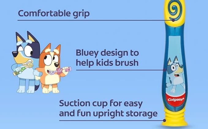 Colgate Bluey Toothbrush for Children with Suction Cup, Kids 2-5 Years Old, Extra Soft (Colors & Characters Vary) - 1 Count