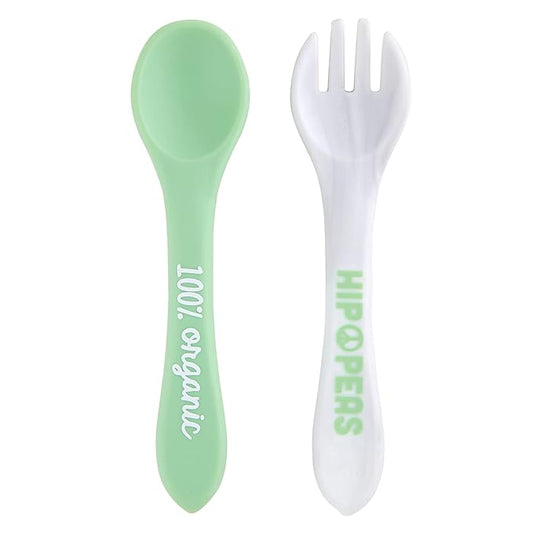 Stephan Baby Silicone Spoon + Fork Set, Pea-ce