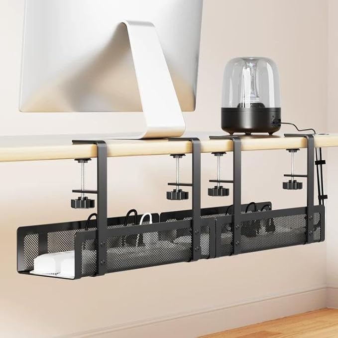 [Upgraded] 2 Pack Cable Management Under Desk Tray, Xpatee 27.6" No Drill Open Slots Cable Management Tray, Cord Wire Organizer Box with Clamp for Table Thickness up to 3" - No Desk Damage(Black)