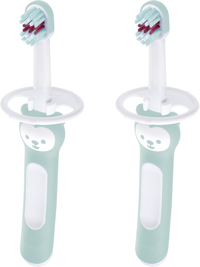 MAM Baby Toothbrushes (2 Baby's Brushes and 1 Safety Shield), Toothbrushes with Brushy the Bear Character, Interactive App, For Boys 6+ Months