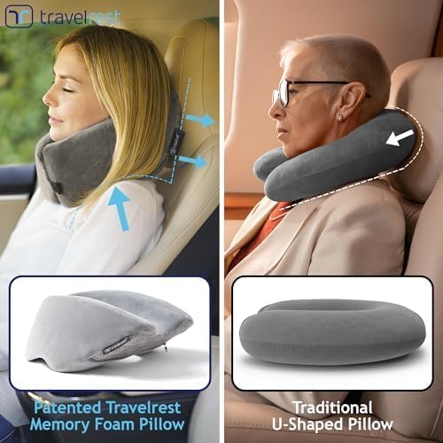 TRAVELREST Nest Neck Support Pillow - Travel Essentials, Memory Foam, Compact Travel Pillow for Long Flights, Plane Sleeping Accessories, Comfortable, Compact, Washable, Attaches to Luggage - Gray
