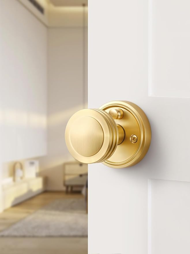 1 Pack Gold Door Knob Privacy Door Knobs Satin Brass Door Handle Interior Brushed Gold Door Knobs with Lock for Bedroom and Bathroom Zinc Alloy
