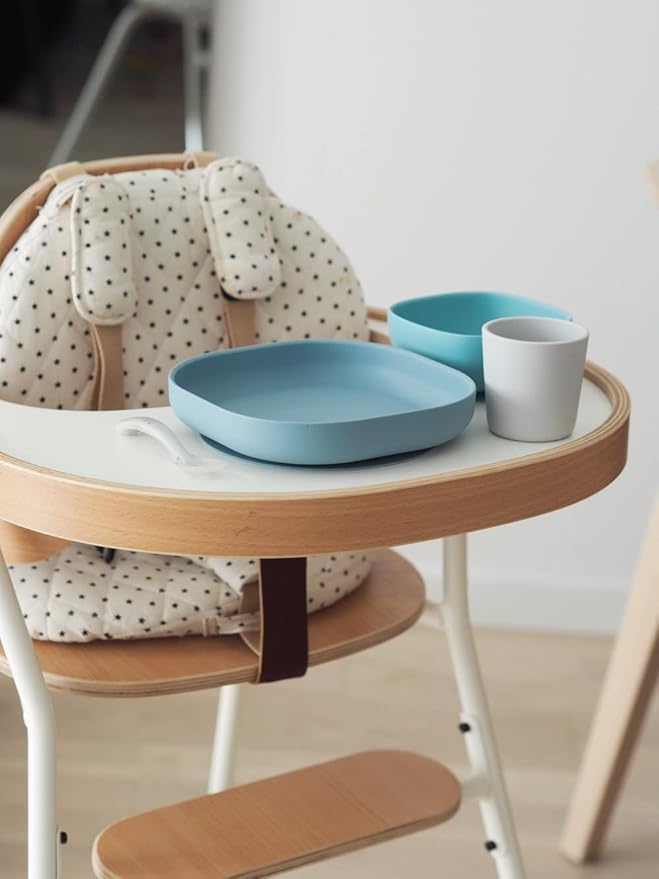 BEABA Silicone 4 Piece Baby Feeding Set, Suction Plates for Baby, Includes Plate, Bowl, Cup, 2nd Stage Silicone Spoon, High Grade Food Safe Silicone, Rain