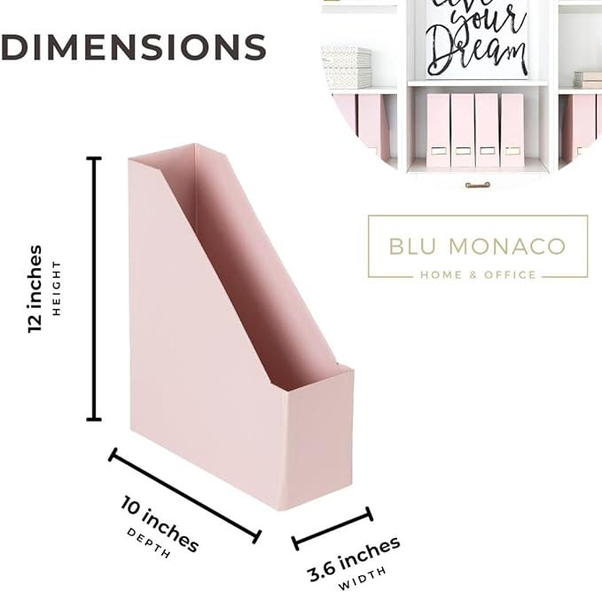 BLU MONACO Set of 6 Foldable Pink Magazine Holder with Gold Label Holders – Cute Stylish Magazine Storage for Shelves, and Closets – Book Bins, File Desk Organizer, and Document Storage