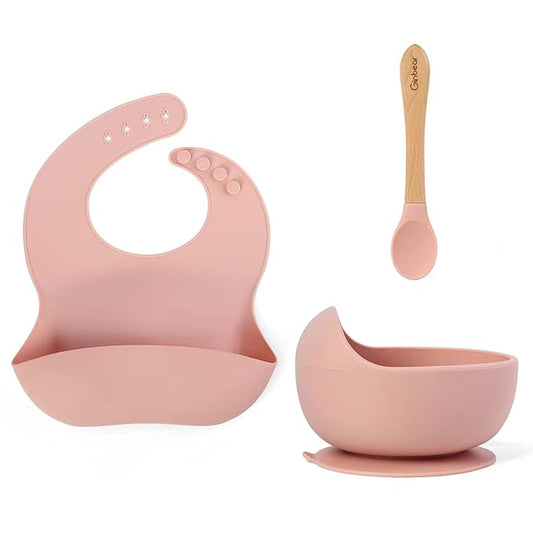 Ginbear Baby Bowls with Suction, Silicone Bibs, Baby Spoons, Baby Led Weaning Supplies, Toddler Feeding Set for Ages 6 Months+ (Baby Pink)