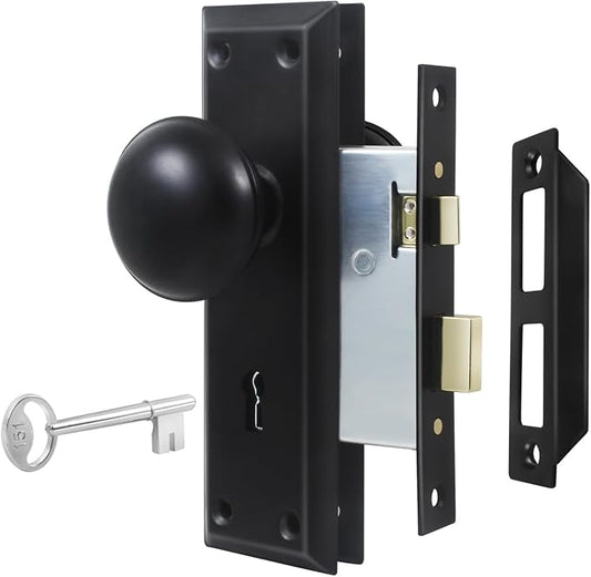 3 Pack Mortise Lock Set for Interior Door, Vintage Old Door Knobs with Lock and Skeleton Key, Antique Door Knobs Matte Black Finish