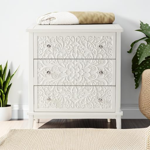 COZAYH 3-Drawer Fully-Assembled Flower Motif Dresser for French Country, Farmhouse, Modern, Rustic Style, Distressed Finish, White-Washed