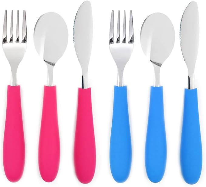 Elk and Friends Kids Silverware with Silicone Handle | Childrens Safe Flatware | Kids Utensils | Spoon + Fork + Knife set | 4 years+ | 6 Pieces