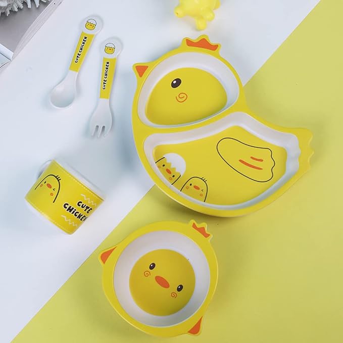 Bamboo Kids Dinnerware Set 5 Pcs Includes Plate Bowl Cup Fork Spoon Perfect for Kids BPA-Free (Chicken)