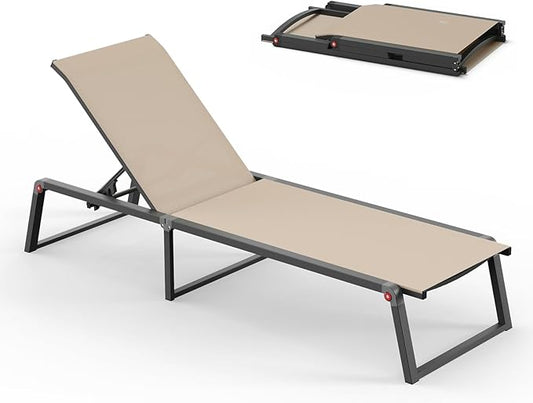 Aluminum Chaise Lounge Chair Outdoor, Foldable & Assembly Free Patio Pool Lounge Chairs 5-Position Recliner for Outside Poolside, Fully Grounded Legs Sun Lounger for Beach, Yard, Khaki