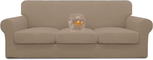 Easy-Going 100% Dual Waterproof Stretch Soft Couch Cover for Dogs, Sofa Slipcover for 3 Separate Cushion Couch Leakproof Furniture Protector for Kids, Pets Camel