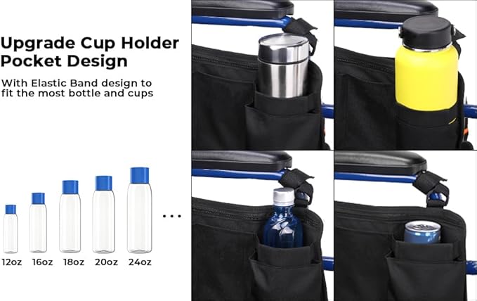 JOYTUTUS Walker Side Bag, Wheelchair Armrest Storage Pouch with Cup Holder, Wheelchair Accessories for Seniors, Walker Bag Cup Holder for Walker, Rollator, Electric Scooter or Wheelchair Black