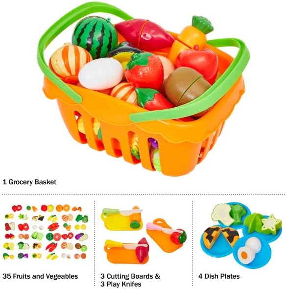 Hey! Play! 46-Piece Play Food Set - Includes 35 Cutting Play Food Toys, Grocery Basket, 3 Cutting Boards, 3 Knives, and 4 Dishes - for Ages 3 and Up, Orange (80-PP170010)