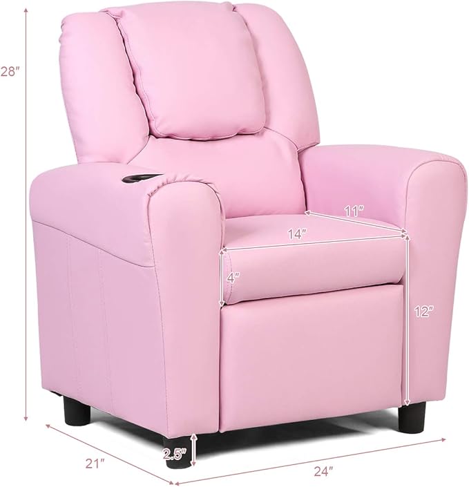 Costzon Kids Recliner Chair with Cup Holder, Toddler Room Furniture Children Armrest Sofa w/Headrest & Footrest for Girls Boys Baby Bedroom, PU Leather Couch (Pink)