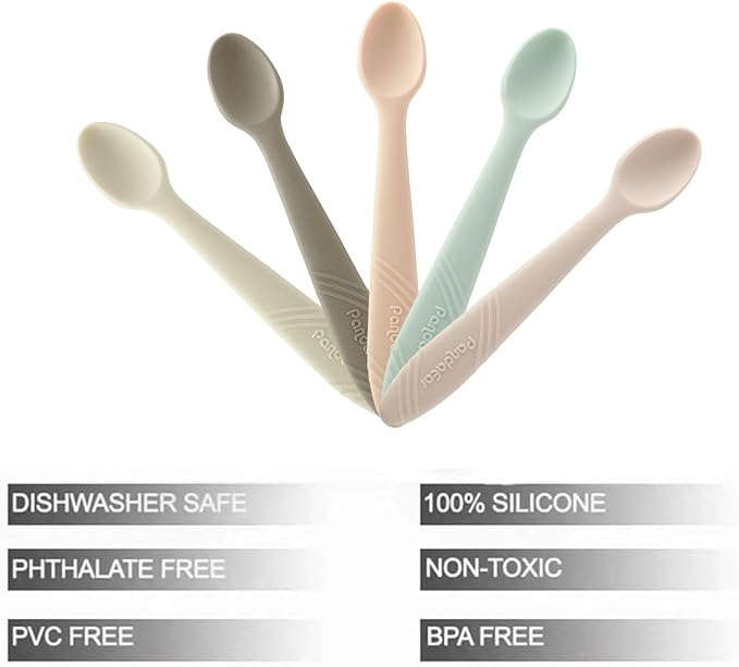 PandaEar 5 Pack Silicone Baby Spoons Self Feeding 4 6 Months, Baby Food Feeding Spoons Utensils, Gentle for Baby Led Weaning, Safe for Teething, Infant Spoons First Stage, BPA-Free, Easy to Clean