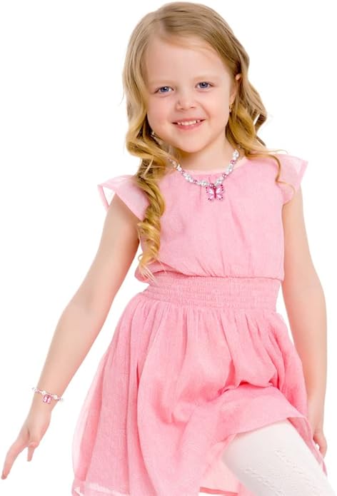 Butterfly Stretch Necklace Little Girl Toddler Necklace Bracelet Set, Little Princess Jewelry Kids Play Necklaces Butterfly Rings for Kids (B)