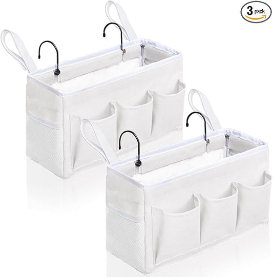 2Pcs Beside Caddy Storage Organizer, Hanging Bag Holder with Pockets for Bedroom, Loft Bed Tent, Bed Curtain, Top Bunk bed Shelf Accessories Bedside Caddy 3-pocket (White-2pcs)