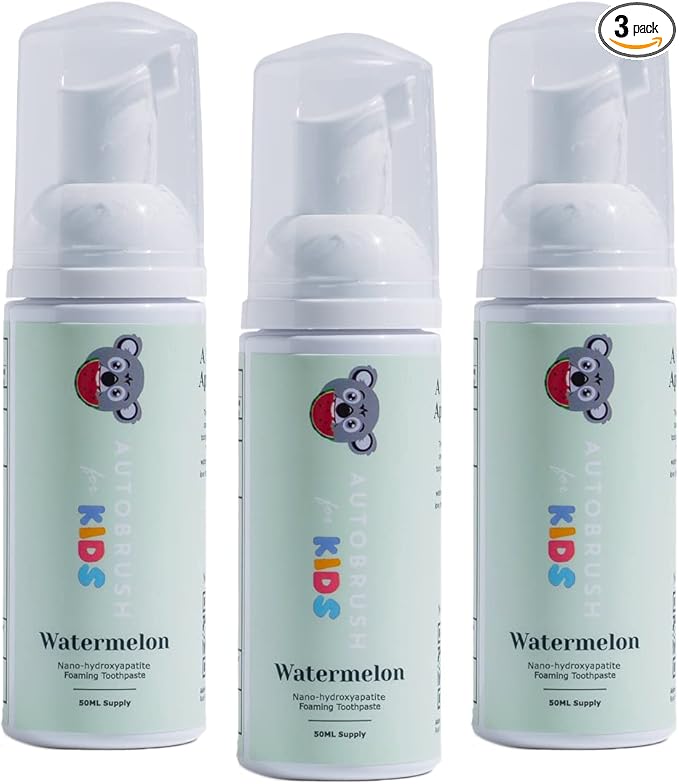 autobrush Kids Fluoride-Free Foaming Toothpaste Watermelon Flavor for Electric or U-Shaped Toothbrush, SLS-Free, Training Toothpaste, Anti-Cavity (3 Pack)