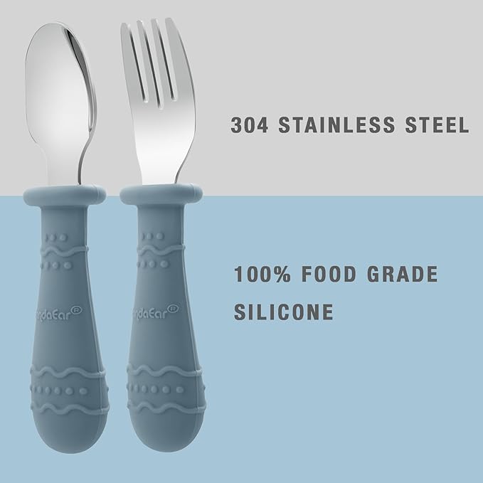 PandaEar Toddler Utensils, 6 Pack Kids Spoons and Forks, 18/8 Stainless Steel & Food Grade Silicone Children Silverware Set, Dishwasher Safe (Blue/Brown/Red)