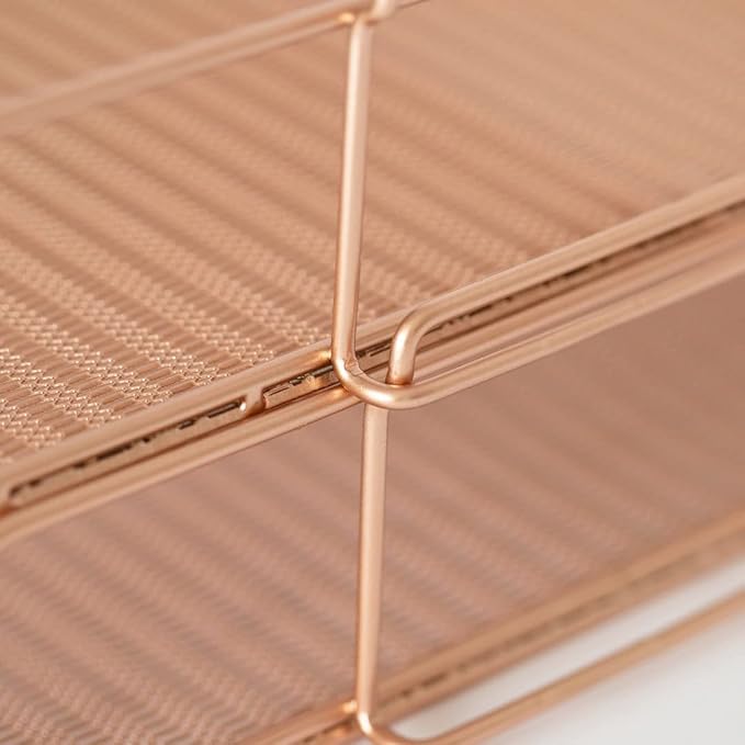 BLU MONACO | Rose Gold Mesh Paper Tray Set of 2 | Stackable Letter Trays for Desk Organization | Durable Metal Document Holder & Workspace File Storage