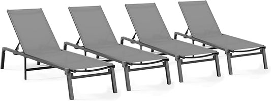 Patio Chaise Lounge Chair Set of 4, Foldable Lounge Chair for Outside, Aluminum Chairs with 5 Adjustable Backrest, Outdoor Pool Lounger for Poolside, Patio, Deck, Grey