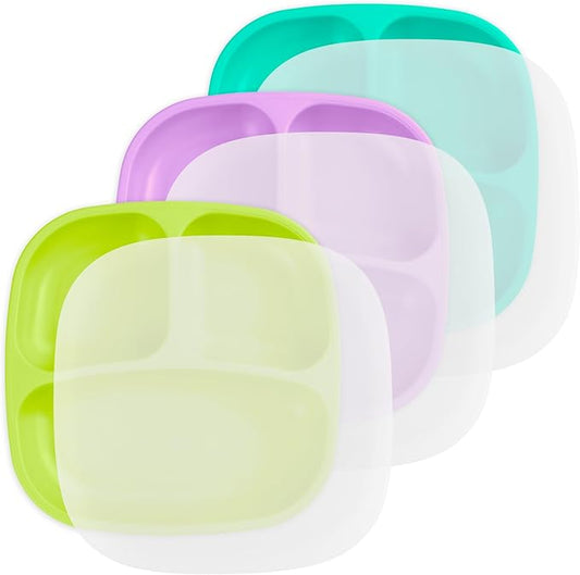Re-Play Made in USA 7" Deep Walled Divided Plates for Kids, Set of 3 With 3 Lids - Reusable 3 Compartment Plates, Dishwasher and Microwave Safe - 7.37" x 7.37" x 1.25", Mermaid