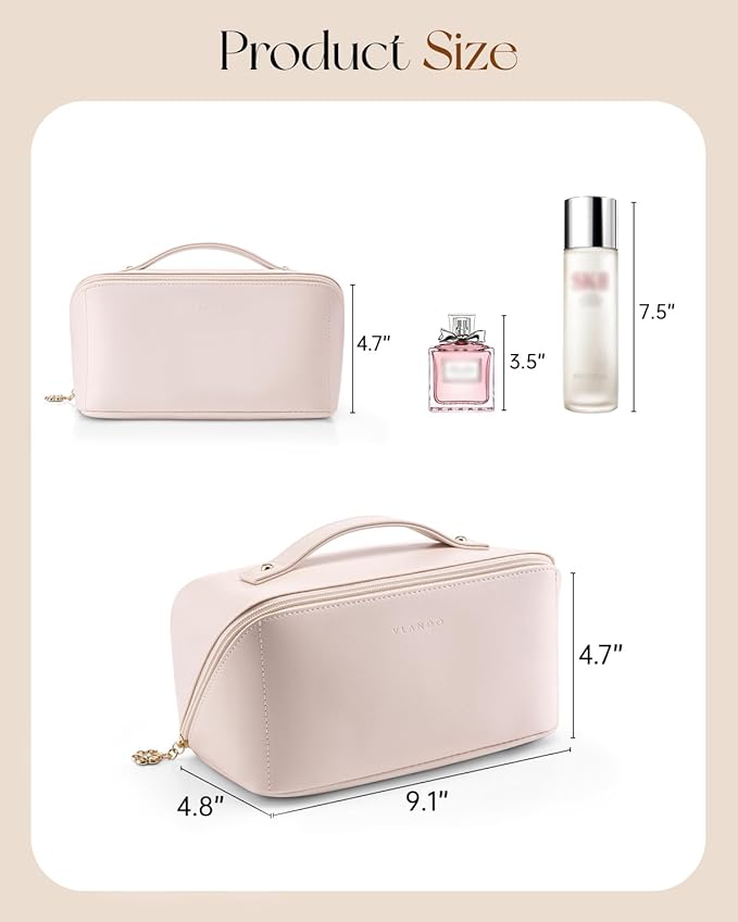 Vlando Makeup Bag,Large Capacity Travel Toiletry Bag,Cosmetic Bags for Women PU Leather Waterproof Portable Pouch with Divider & Handle-Apricot Pink