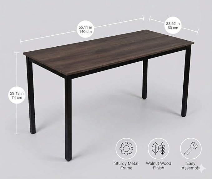 GL GLOBAL LIFE 55 inch Large Computer Desk Wood, Modern Simple Style Desk for Home Office, Bedroom, Study Student Writing Desk, Small Spaces, Black Metal Frame, Walnut Top