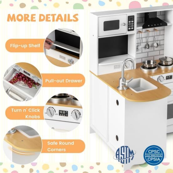 Kids Corner Play Kitchen, Wooden Toy Kitchen Set with Sounds, Pretend Play Kitchen for Kids with Kitchen Accessories,11-in-1 Toddler Kitchen Gifts for Ages 3+