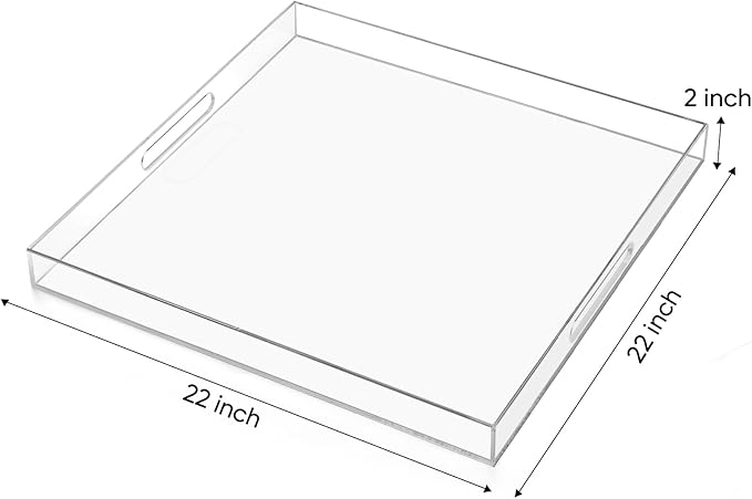 22×22 inches Oversized Clear Acrylic Ottoman Tray Extra Large Decorative Tray Spill-Proof Serving Trays with Handles King-Size Safe Edge Organizer for Coffee Table Countertop Breakfast