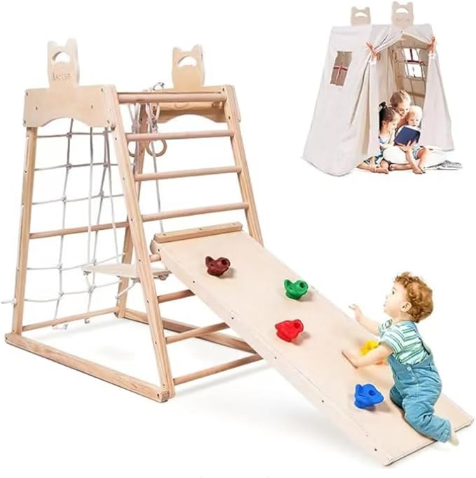 Jungle Gym Indoor (8 in 1) Wooden Indoor Playground, Toddler Wooden Climbing Toys, Montessori Playset, Gym with Slide, Climbing Net, Swing, Tent, Gymnastics Ring…