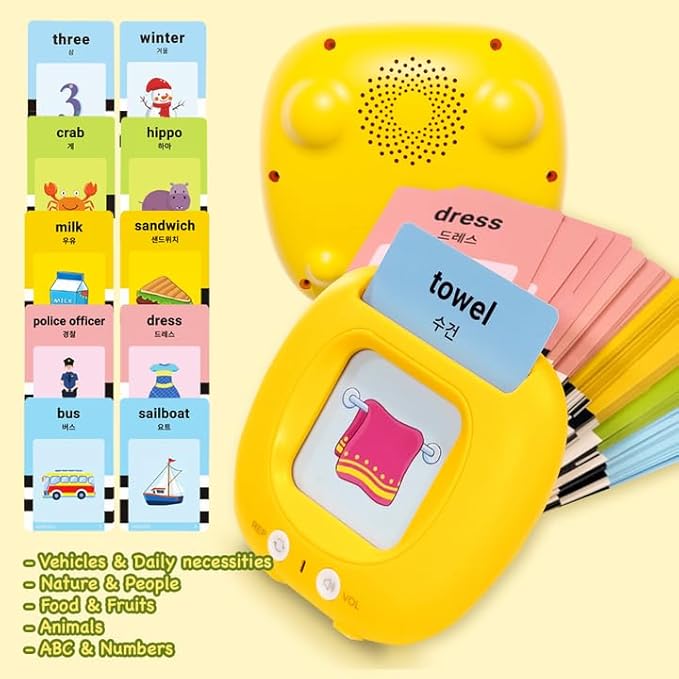 Premium Korean-English Bilingual Talking Flashcards | Educational Toy for Toddlers, Boys & Girls | Language Learning Tool with Clear Pronunciation & Sound Effects