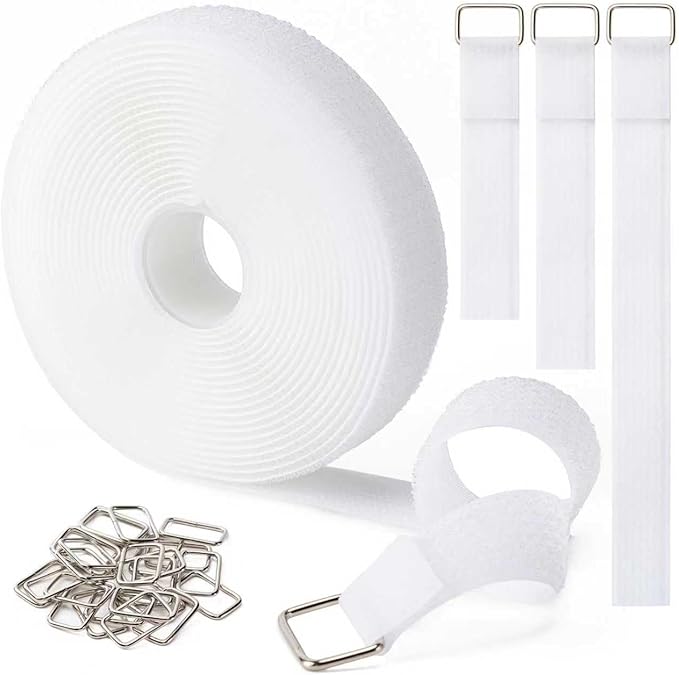 1" x16Ft Hook and Loop Straps with 25 Metal Buckles, Adjustable Fastening Cable Straps, Free Cut Length, Reusable Nylon Cable Ties for Organizer or Storage, White