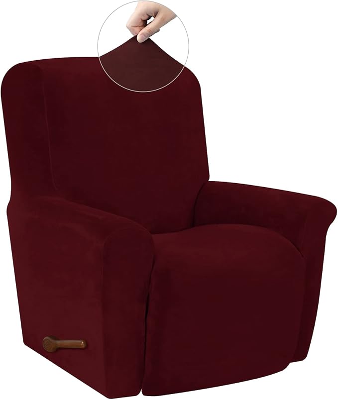 WEERRW Velvet High Stretch Recliner Chair Cover 1 Piece Recliner Couch Cover, Washable Furniture Protector with Non Slip Elastic Bottom for Kids and Pets, Burgundy