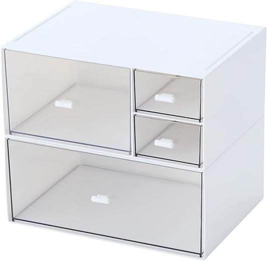 Desk Organizer with 4 Drawers, Makeup Organizer, Plastic Sundries Storage, Vanity Organizer, Cosmetic Storage Organizer, Desk Storage Box, Bathroom Counter or Dresser, White (CD-QBH-01)