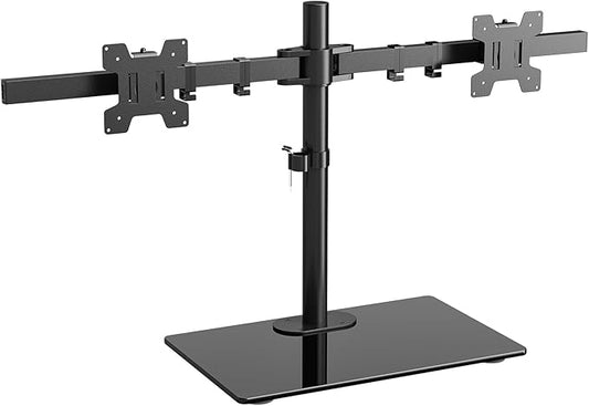 WALI Free Standing Dual Monitor Stand, Height Adjustable Monitor Mount with Glass Base, Fits LCD LED Flat Curved Screen up to 27 inch, 22lbs, with Grommet Base (GMF002)