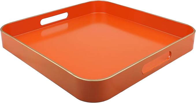 Omuriko Orange Square Decorative Tray with Handles, 13"*13" Versatile Serving Tray for Coffee Table, Ottoman, Ideal for Serving, Displaying, Organizing