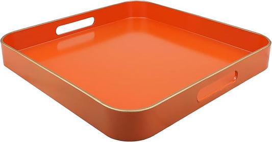 Omuriko Orange Square Decorative Tray with Handles, 13"*13" Versatile Serving Tray for Coffee Table, Ottoman, Ideal for Serving, Displaying, Organizing