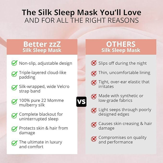 Better zzZ 100% Pure Mulberry Silk Sleep Mask for Women & Men – Adjustable Velcro Strap, Total Blackout, No Pressure Eye Mask for Deep Sleep & Travel Pouch Included - (Pink)