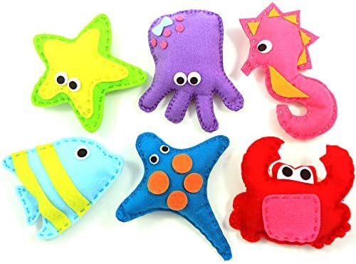 Kid Craft Felt Kit - 6 Cute Sea Animals Beginners Sewing Kits - Little Kids Ages 7 to 12 - Easy Childrens First Sew Kit - Great for Travel - Fun Beginning DIY Crafting for Girls and Boys