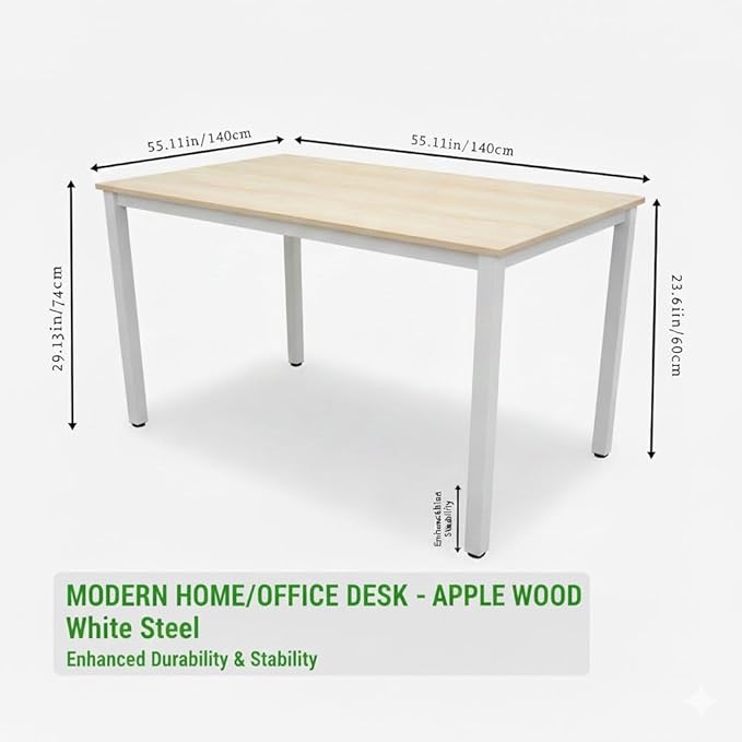 47 inch Large Computer Desk Wood, Modern Simple Style Desk for Home Office, Bedroom, Study Student Writing Desk, Small Spaces, White Metal Frame, Apple Wood Grain Top
