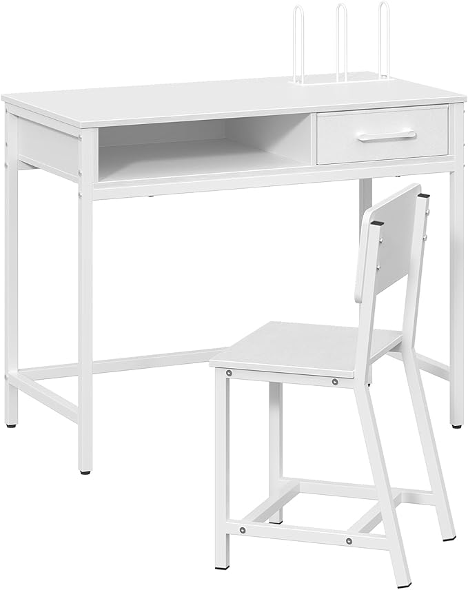 Kids Desk and Chair Set, Student Writing Desk, Kids Study Desk with Book Sorter and Fabric Drawer, Kids Wooden Study Table, for Study, Kids Room, Bedroom, White KDBW11901N1