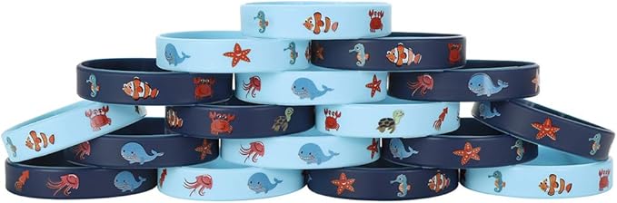 Cleverplay 24 Pack Under the Sea Silicone Wristbands Bracelets, Ocean Life Animal Birthday Decoration Party Favors for Kids
