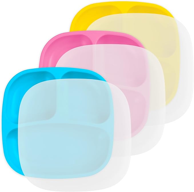 Re-Play Made in USA 7" Deep Walled Divided Plates for Kids, Set of 3 With 3 Lids - Reusable 3 Compartment Plates, Dishwasher and Microwave Safe - 7.37" x 7.37" x 1.25", Easter