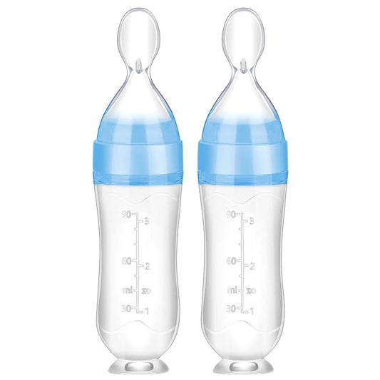 Nuanchu Baby Food Feeder Silicone Squeeze Feeding Spoon Toddler Food Feeder Dispensing Spoon Suction Cup Design Feeder (Blue)
