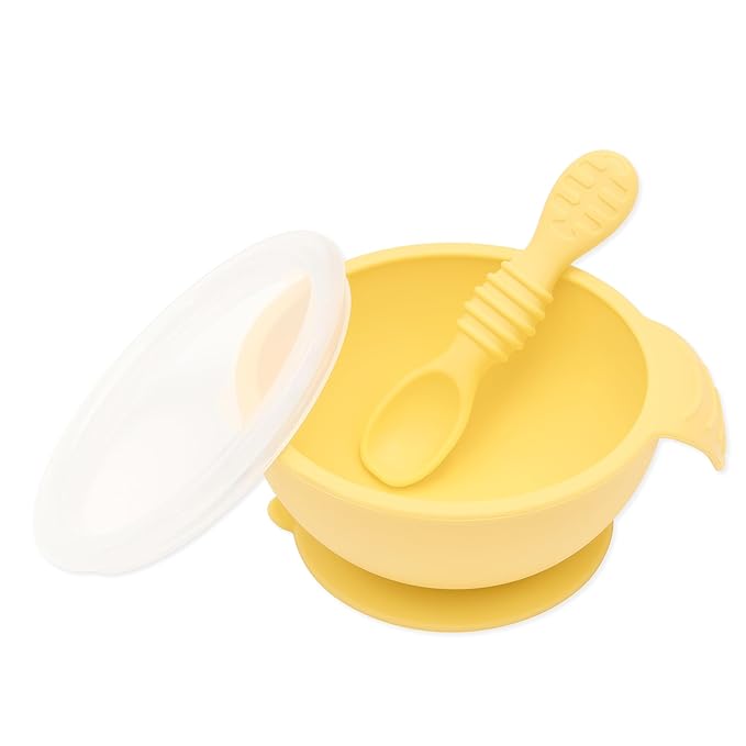 Bumkins Baby Bowl, Silicone Feeding Set with Suction for Baby and Toddler, Includes Spoon and Lid, First Feeding Set, Training Essentials for Baby Led Weaning for Babies 4 Months Up, Pineapple
