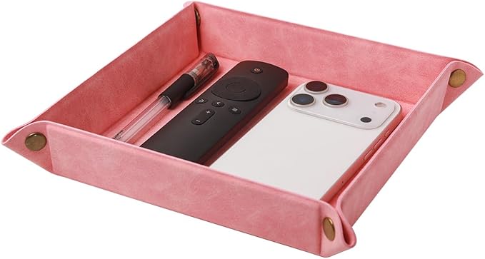 WAYIFON Valet Tray Desktop Storage Organizer – Premium PU Leather Catchall Bedside Vanity Tray Nightstand Caddy Holder for Remote Controller, Keys, Phone, Wallet, Coin, Jewelry,Pink