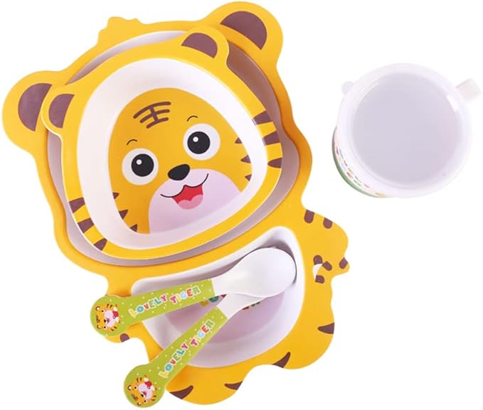 Bamboo Kids Dinnerware Set 5 Pcs Includes Plate Bowl Cup Fork Spoon Perfect for Kids BPA-Free (Tiger)