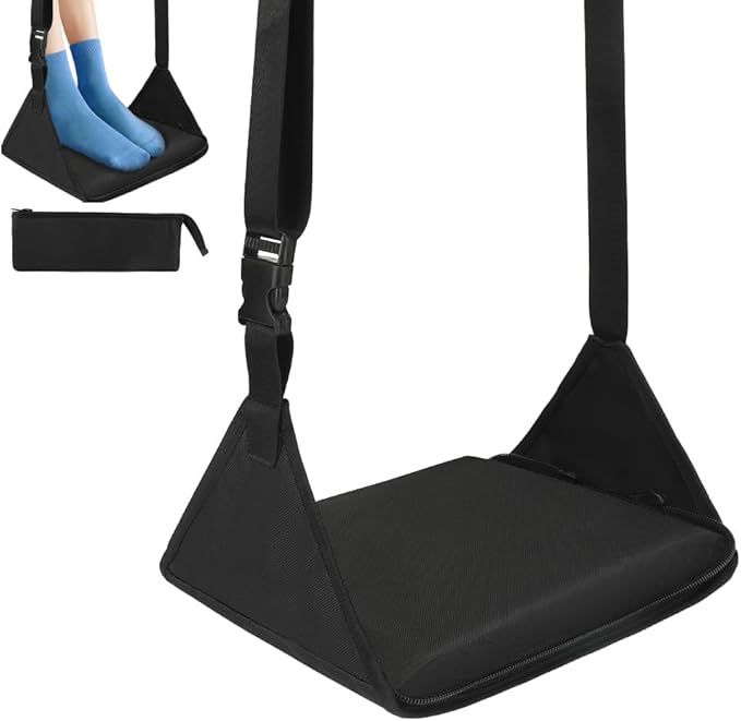 Foot Hammock for Plane Travel, Upgraded Airplane Foot Rest with Memory Foam, Hardboard, Portable Zippered Leg Hammock for Long Flight, Under Desk Footrest, No Collapse Foot Sling, Travel Essentials