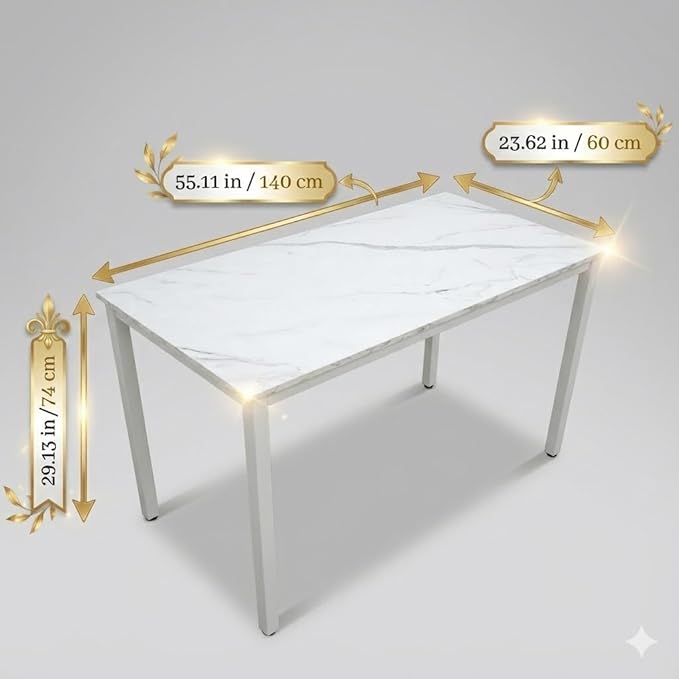 GL GLOBAL LIFE 55 inch Large Computer Desk Wood, Modern Simple Style Desk for Home Office, Bedroom, Study Student Writing Desk, Small Spaces, White Metal Frame, Marble Grain Top